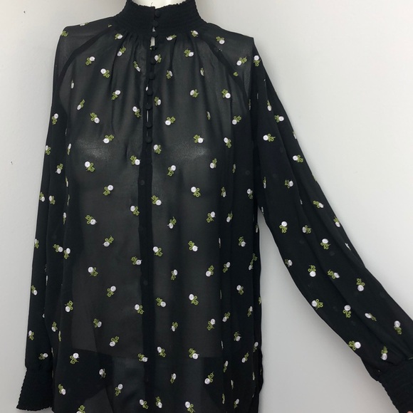 Cabi Black Embroidered Sheer Floral Smocked Neck Blouse Size XS - Picture 3 of 10